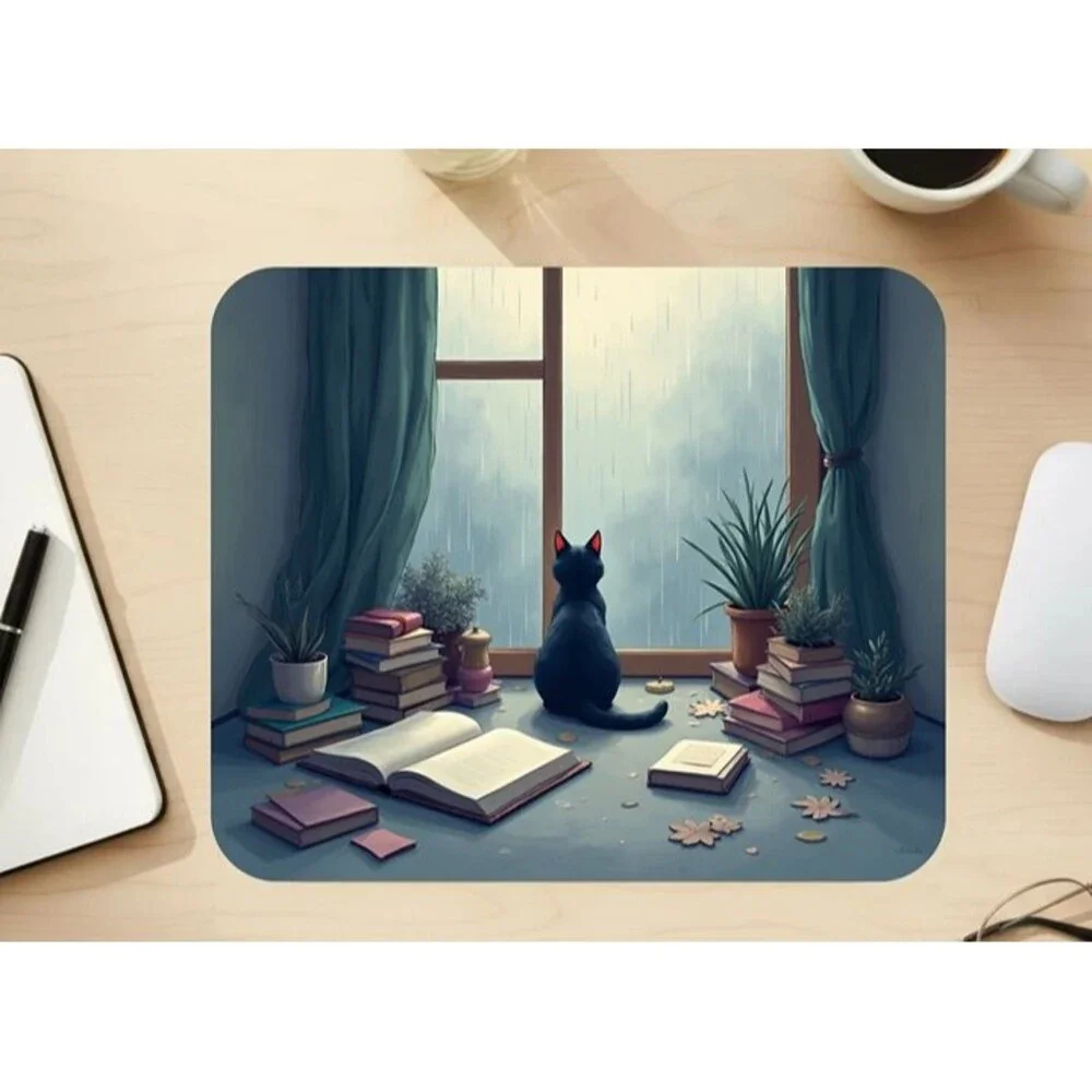 Cozy Cat Mouse Pad, Aesthetic with Rainy Window Scene